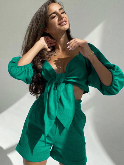 V-Neck Puff Sleeve Rayon Shorts Set Green