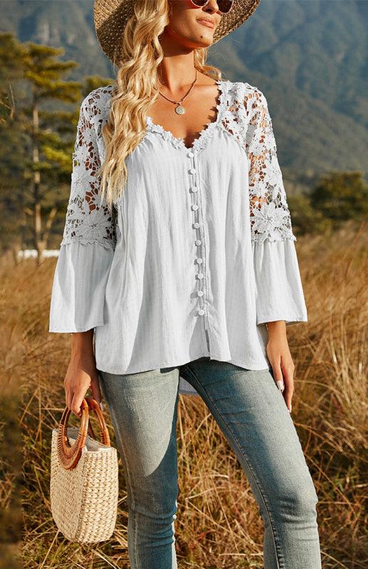 Women’s Lace Crochet Deep V-Neck Blouse Raw white off white