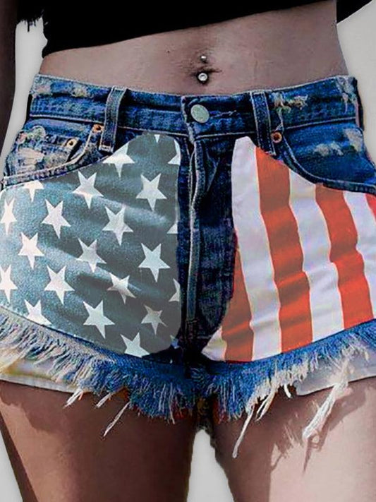 Women's American Flag Fringe Star Print Denim Shorts Clear blue