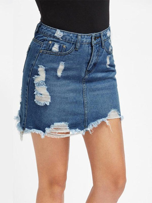 Women's ripped fringed loose sexy denim skirt Purplish blue navy