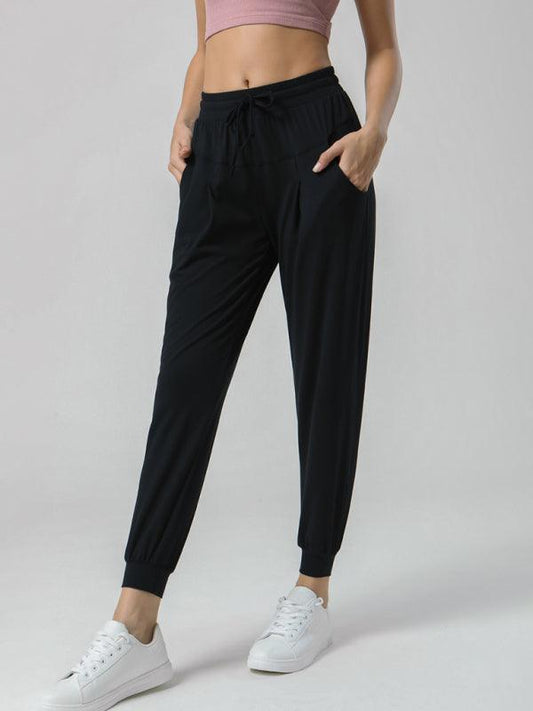 Drawstring waist sports stretch trousers Nude sweatpants Black