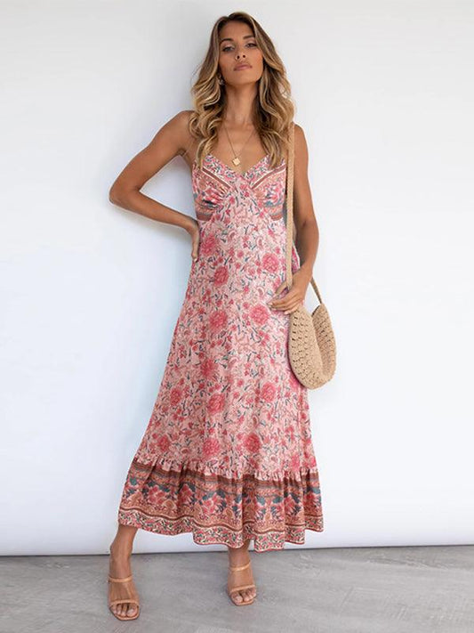 Women's Bohemian suspender Floral Dress Pink