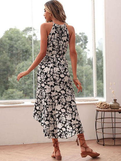 European and American halter neck print white dress Black