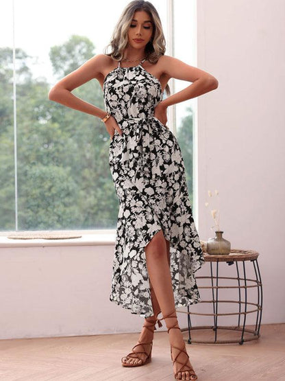 European and American halter neck print white dress Black