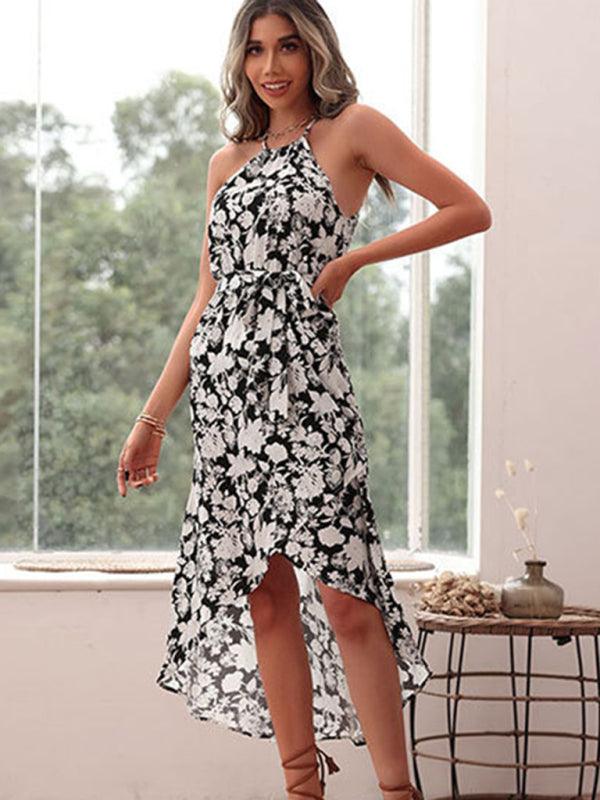 European and American halter neck print white dress Black