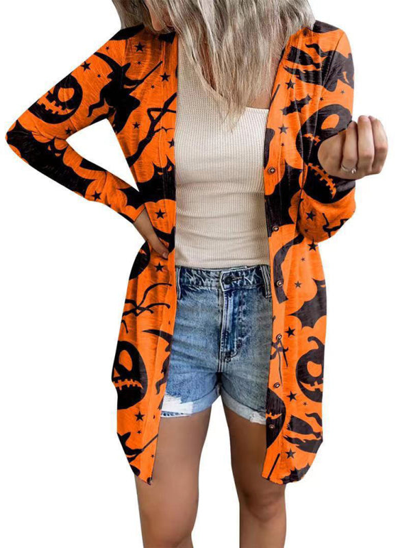 Women's Halloween-themed printed jacket cardigan Dark yellow