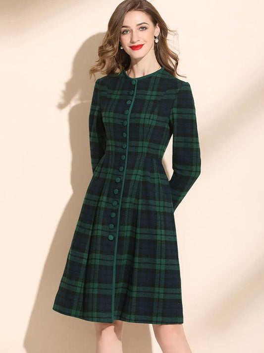 Women's Crew Neck Waist Mid Length Wool Plaid Skirt Green