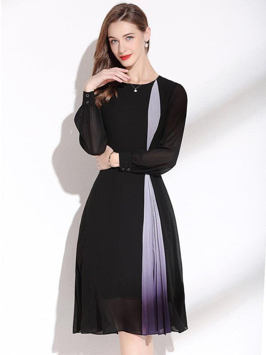 Women's Round Neck Long Sleeve Nipped Waist Chiffon Dress Black