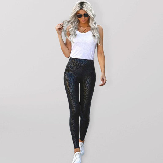 Fashion Super Elastic Texture Print Tight Casual High Waist Slim Ninth Pants Black