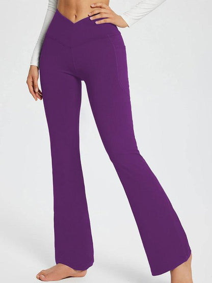 Solid Color Casual Ladies High Waist Slim Wide Leg Yoga Fitness Pants Dark purple