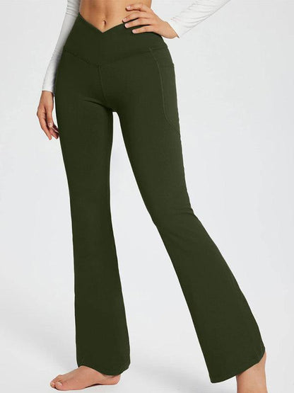 Solid Color Casual Ladies High Waist Slim Wide Leg Yoga Fitness Pants Green