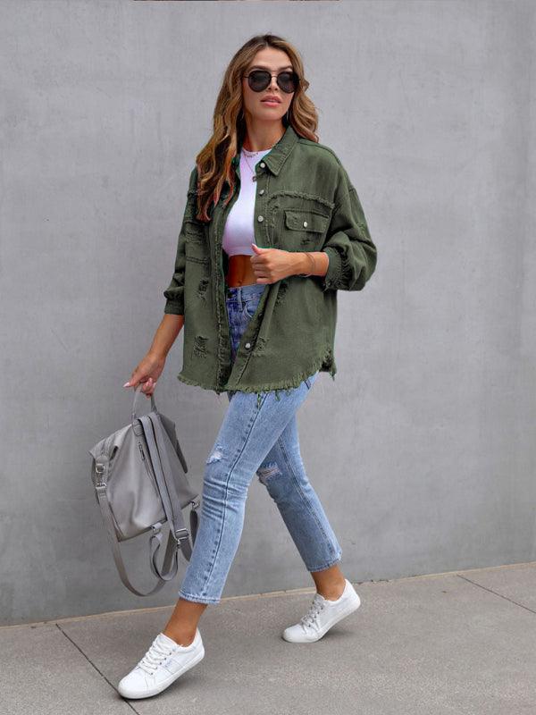 Raw edge ripped denim jacket Temperament casual trendy jacket Green