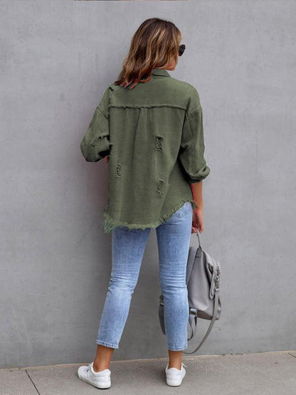 Raw edge ripped denim jacket Temperament casual trendy jacket Green