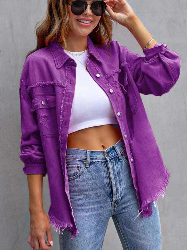 Raw edge ripped denim jacket Temperament casual trendy jacket Dark purple