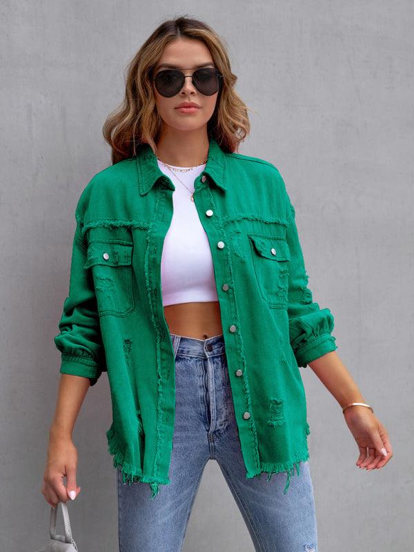 Raw edge ripped denim jacket Temperament casual trendy jacket Green