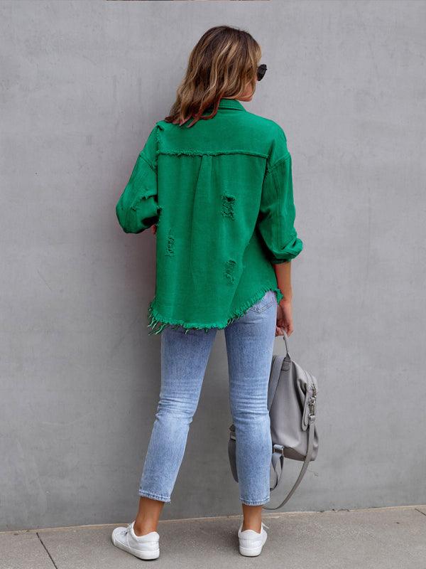 Raw edge ripped denim jacket Temperament casual trendy jacket Green