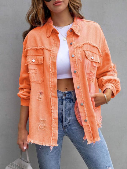 Raw edge ripped denim jacket Temperament casual trendy jacket Orange