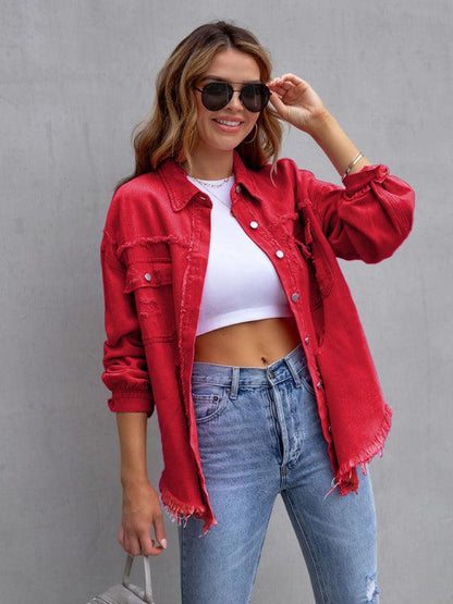 Raw edge ripped denim jacket Temperament casual trendy jacket Red