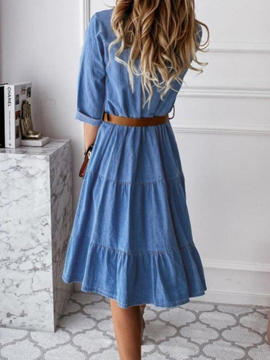 Women's Denim Lapel Panel Button Breasted Midi Dress Blue