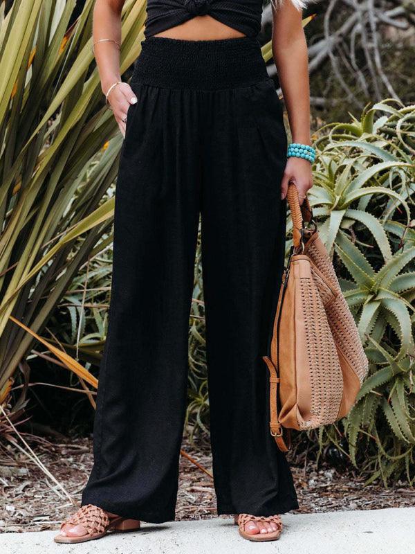 Women's casual wide-leg slub cotton loose trousers Black