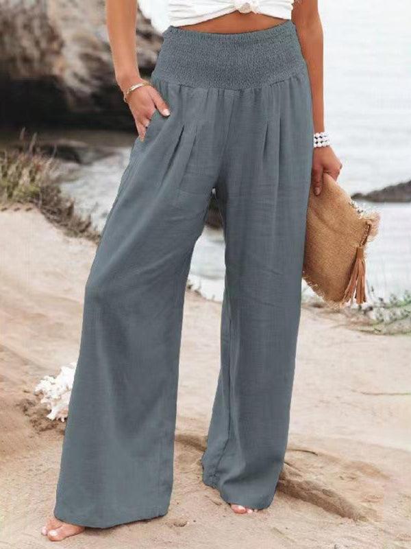 Women's casual wide-leg slub cotton loose trousers Grey