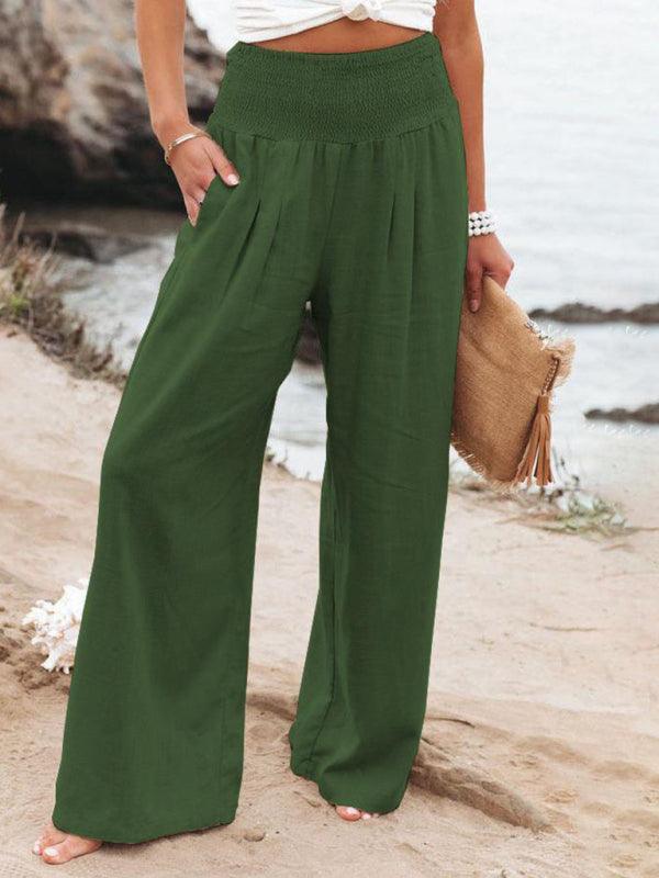 Women's casual wide-leg slub cotton loose trousers Green