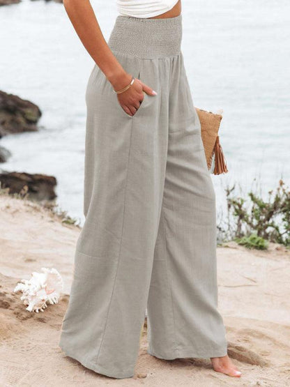 Women's casual wide-leg slub cotton loose trousers Khaki