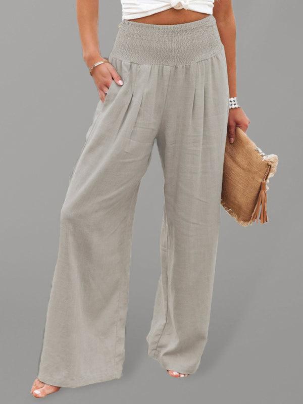 Women's casual wide-leg slub cotton loose trousers Khaki