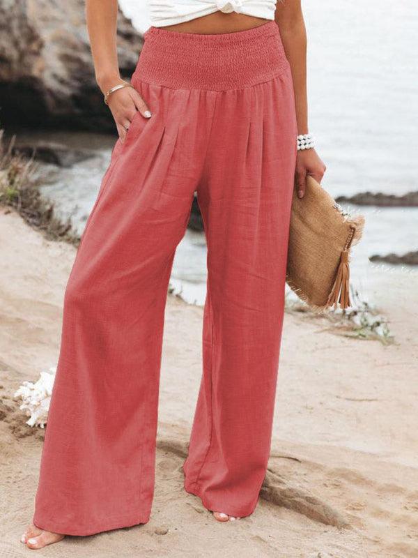 Women's casual wide-leg slub cotton loose trousers Orange Red