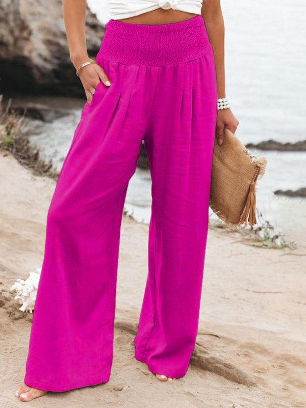 Women's casual wide-leg slub cotton loose trousers Rose