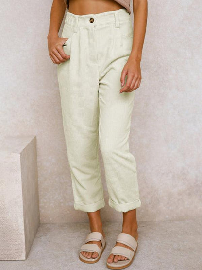 High Waist Lounge Pants Solid Color Corduroy Loose Straight Leg Trousers Cream