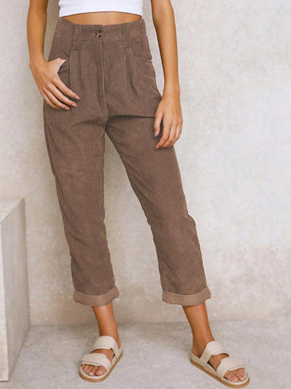 High Waist Lounge Pants Solid Color Corduroy Loose Straight Leg Trousers Brown