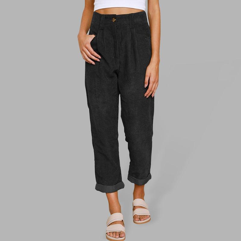 High Waist Lounge Pants Solid Color Corduroy Loose Straight Leg Trousers Black