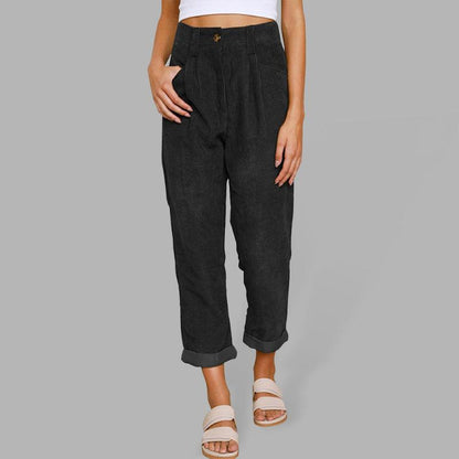 High Waist Lounge Pants Solid Color Corduroy Loose Straight Leg Trousers Black