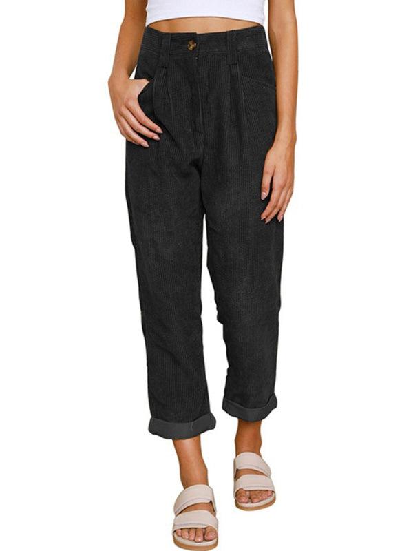 High Waist Lounge Pants Solid Color Corduroy Loose Straight Leg Trousers Charcoal grey