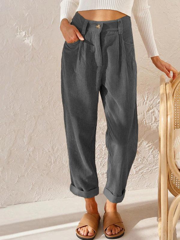 High Waist Lounge Pants Solid Color Corduroy Loose Straight Leg Trousers Charcoal grey