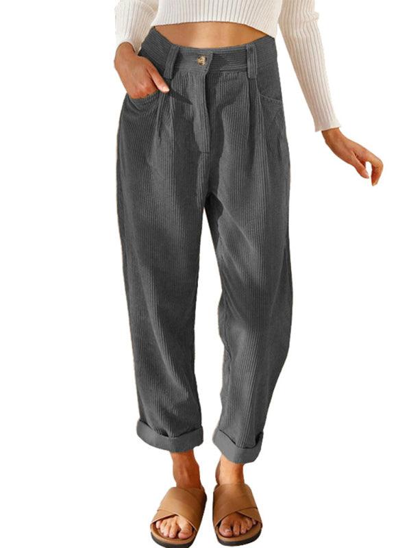 High Waist Lounge Pants Solid Color Corduroy Loose Straight Leg Trousers Charcoal grey