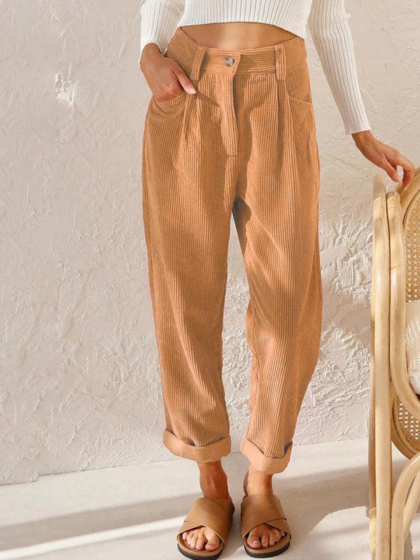 High Waist Lounge Pants Solid Color Corduroy Loose Straight Leg Trousers Orange