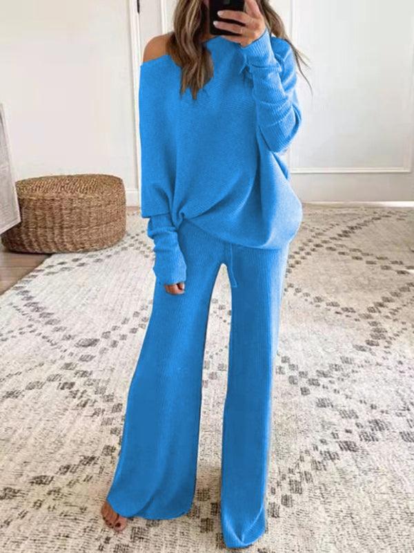 Women's Solid Color Casual Solid Color Off Shoulder Knit Suit Blue