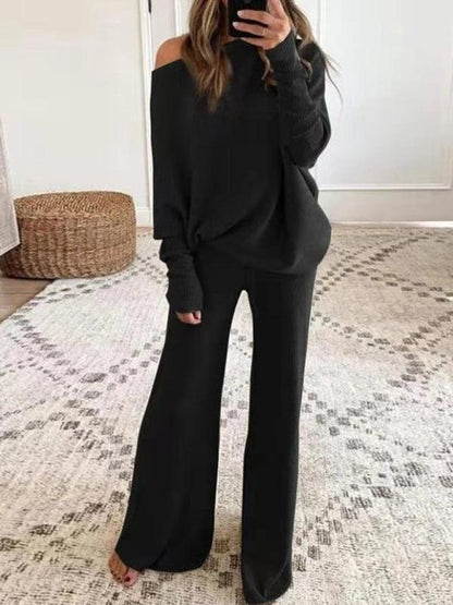 Women's Solid Color Casual Solid Color Off Shoulder Knit Suit Black 3XL