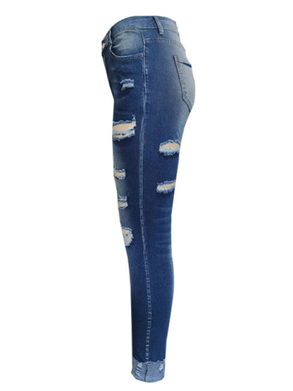 Stretch ripped denim trousers washed skinny feet tight buttocks fashion jeans for women