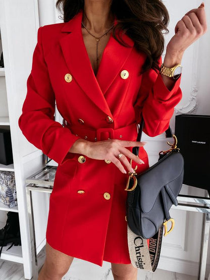 Long sleeve belt color suit dress coat for women Red