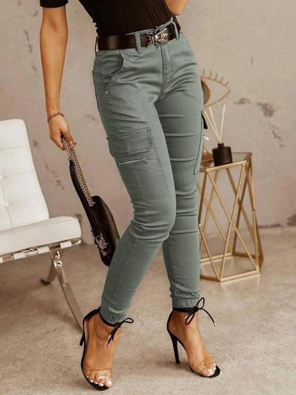 Women's trousers Low waist button solid color pocket bound overalls Black