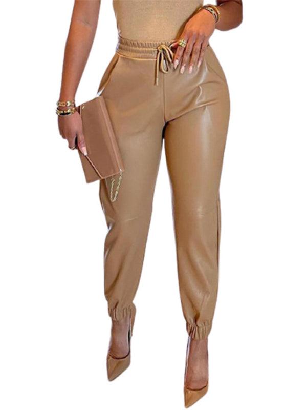 Women's Solid Color Drawstring Pocket Leggings Leather Pants Khaki