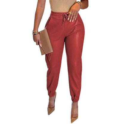 Women's Solid Color Drawstring Pocket Leggings Leather Pants Red