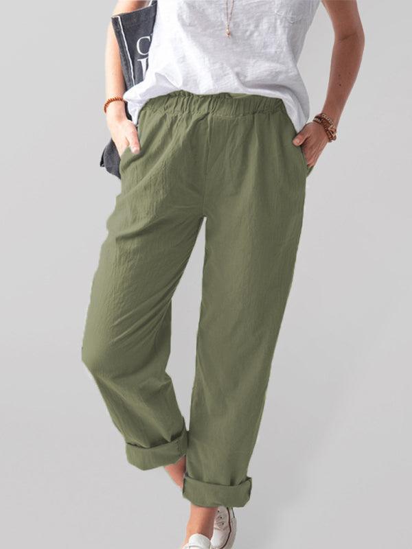 New style solid color casual elastic high waist straight trousers women Olive green