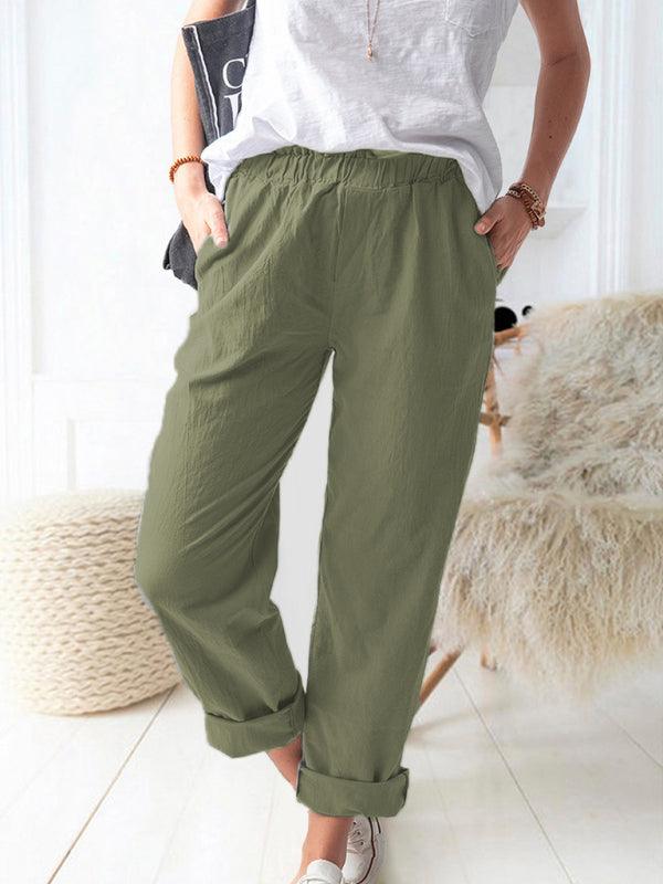 New style solid color casual elastic high waist straight trousers women Olive green