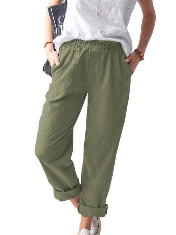 New style solid color casual elastic high waist straight trousers women Olive green