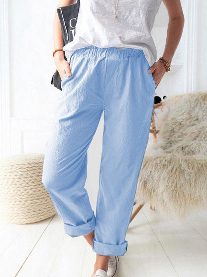 New style solid color casual elastic high waist straight trousers women Blue