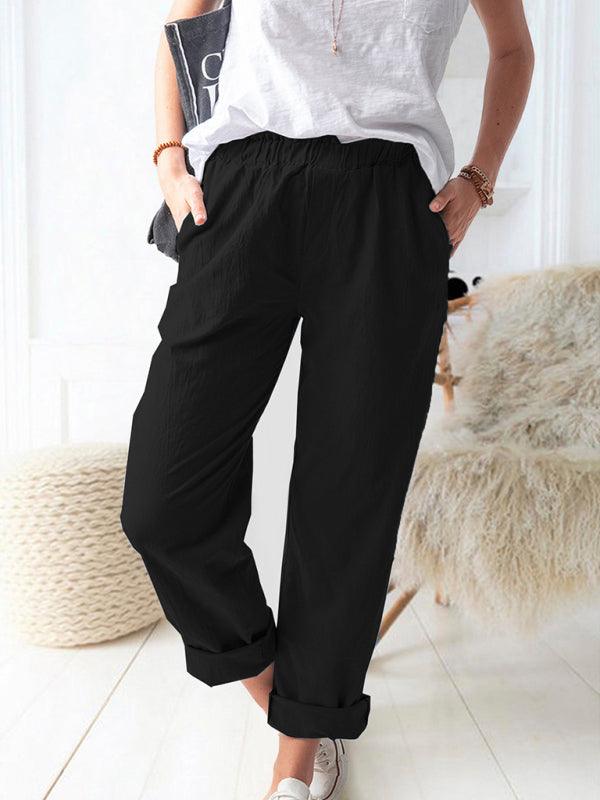 New style solid color casual elastic high waist straight trousers women Black